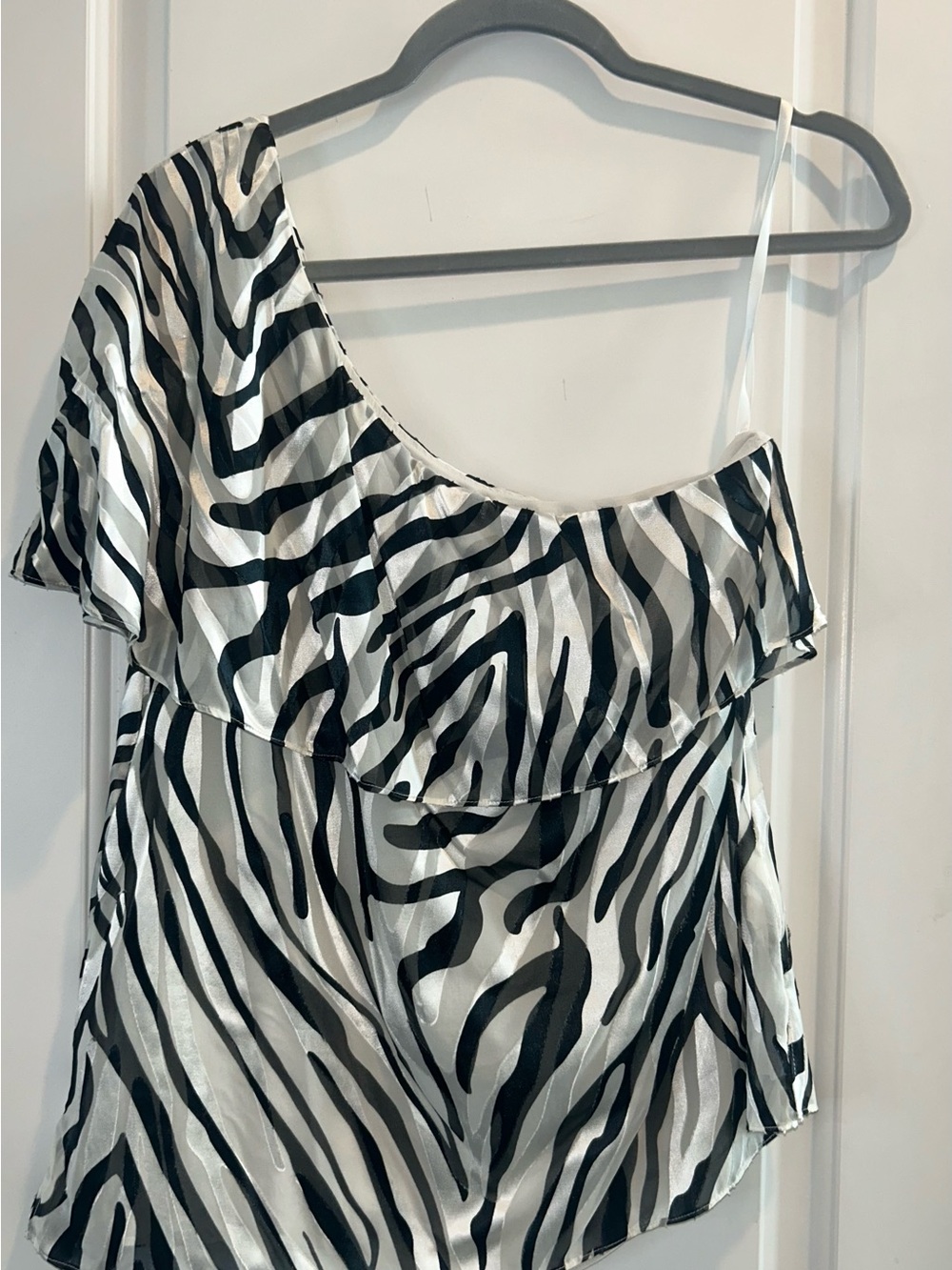 White House Black Market Black and White Zebra One-Shoulder Ruffle Top